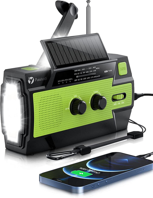 [2021 Newest] Emergency-Hand-Crank-Radio,4000Mah Portable Weather Solar Radios with Motion Sensor Reading Lamp,3 Gear LED Flashlight,Sos Alarm,Cell Phone Charger,Am/Fm/Noaa (Green, 4000 Mah)