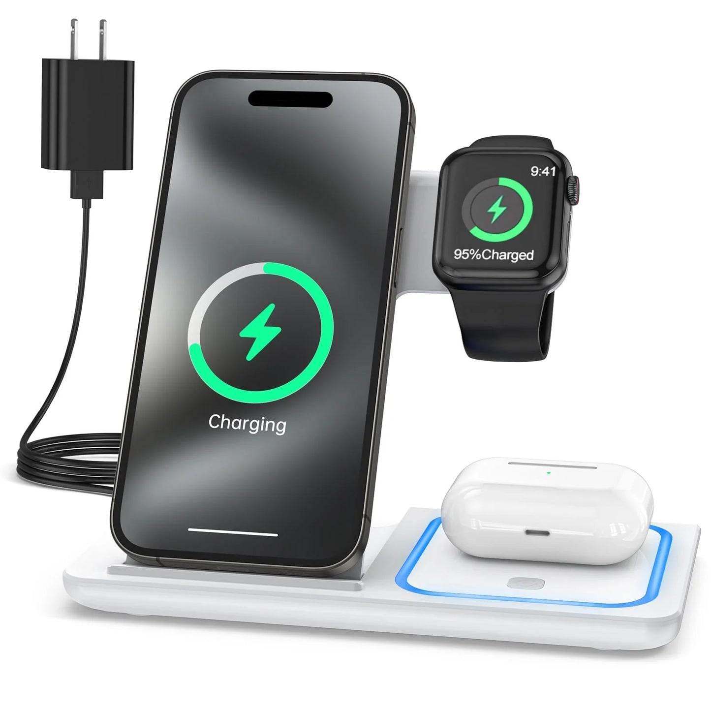 Wireless Charger, 3 in 1 Wireless Charging Station Dock with Breathing Indicator, Fast Charging Stand Compatible with Iphone 15/14/13/12/11 Pro Max/Xs, Apple Watch 8/7/6/5/4, Airpods 3/2/Pro